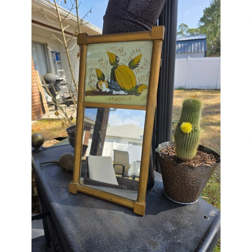 VTG 10x19.5 Gold Wood Wall Mirror Reverse Painted‎ Fruit Rustic Cottage
